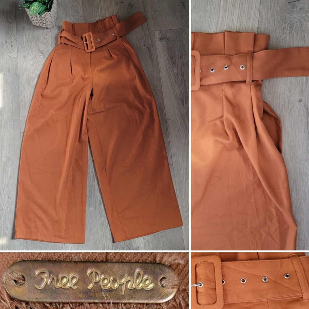 Free People Isla Wide Leg Paperbag High Waist Orange Belted Trouser, Womens 0